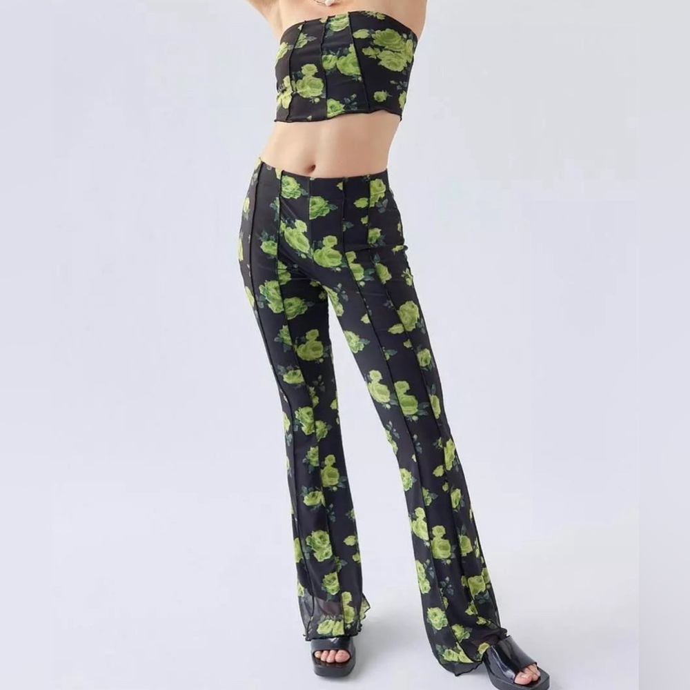 Urban Outfitters Dulce Mesh Cropped Top & High-Rise Flare Pant SET Floral Black